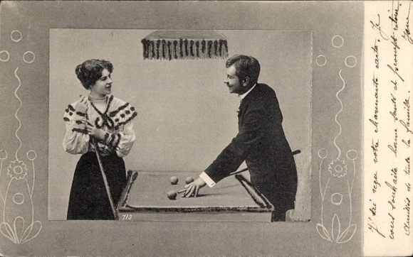 Postcard Man and woman playing billiards