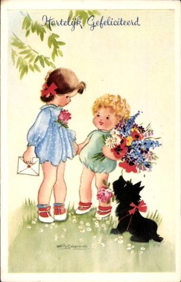 Artist Postcard Schermele, Willy, congratulations, children with flowers, terrier