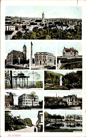 Postcard Werdau in Saxony, train station, secondary school, post office, Reichsbank, Bürgerhospital