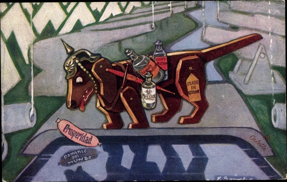 Artist Postcard De Hond en zijn schaduw, dachshund, cannon, allegory of the German Empire, fable, caricature