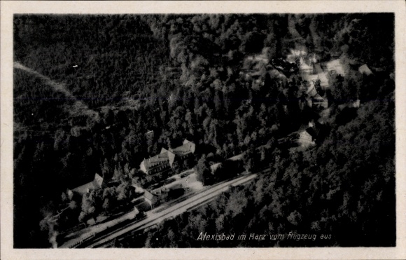 Ak Alexisbad Harzgerode am Harz, Luftaufnahme von  Waldlandschaft, Gebäude, Straße