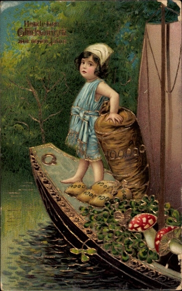 Embossed PC Happy New Year, child, boat, lucky clover, mushroom, money bags