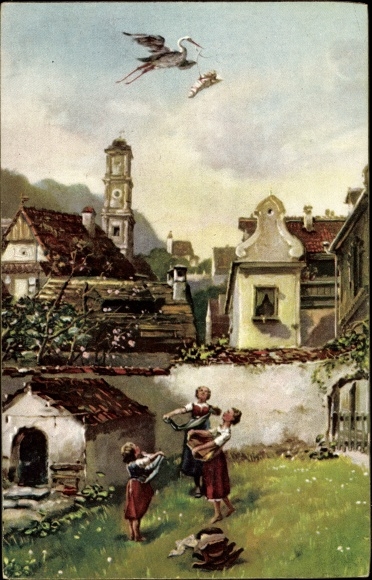 Artist Postcard Spitzweg, Carl, The stork, women holding up aprons, baby, stork