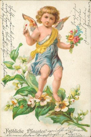 Glitter Chromo-Litho Congratulations Pentecost, Angel, Flowers