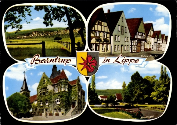 Ak Barntrup Kreis Lippe, Teilansicht, Untere Straße, Stadtpark, Rathaus, Wappen