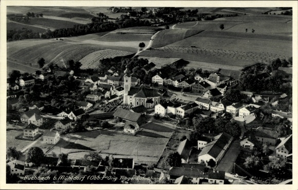 Postcard Buchbach in Upper Bavaria, aerial photograph, village view, church, fields, landscape, black and white