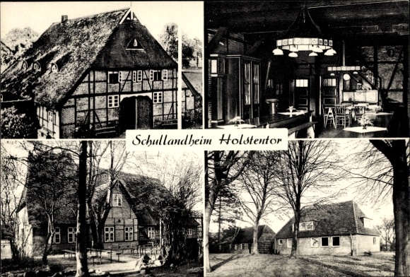 Ak Hoisdorf in Sleeswijk-Holstein, schoolkamp Holstentor, vier foto's, vakwerkhuis, interieur