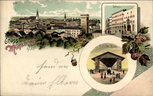 Chromo-Litho Mühldorf am Inn Bavarian Alpine foothills, covered Maximilian Bridge, town hall, panorama
