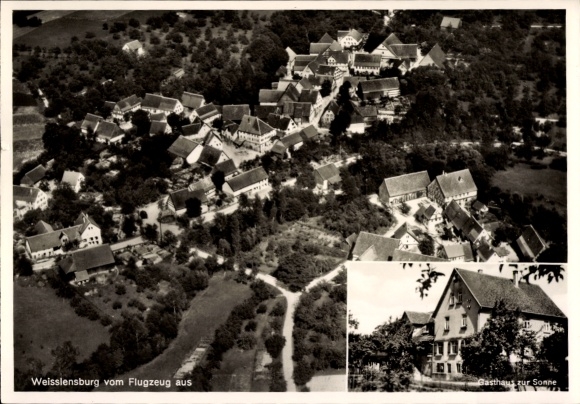 Postcard Weißlensburg Bitzfeld Bretzfeld in Württemberg, aerial photograph, Gasthaus zur Sonne