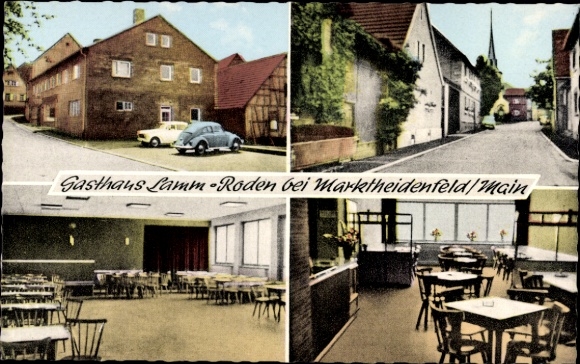 Postcard Roden near Marktheidenfeld Lower Franconia, Gasthaus zum Lamm, dining room, street view