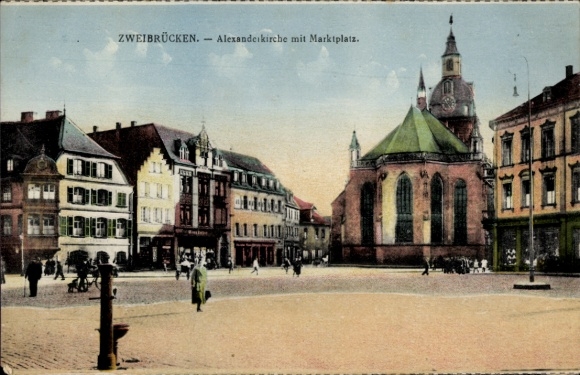 Postcard Zweibrücken in the Palatinate, Alexander Church, Market Square, City View