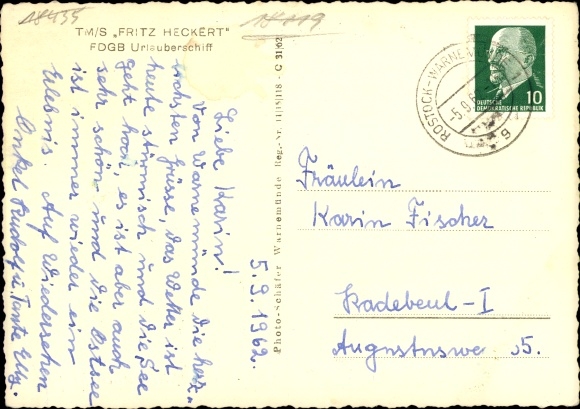 Postcard FDGB vacation ship TMS Fritz Heckert at sea
