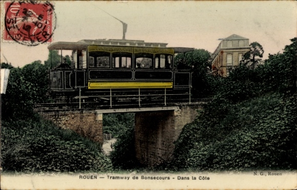 Postcard Rouen Seine Maritime, Bonsecours tram