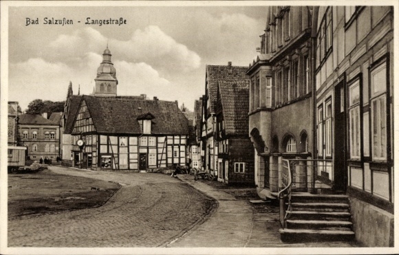 Postcard Bad Salzuflen in Lippe, view of Langestraße, half-timbered houses, city view, monumental church