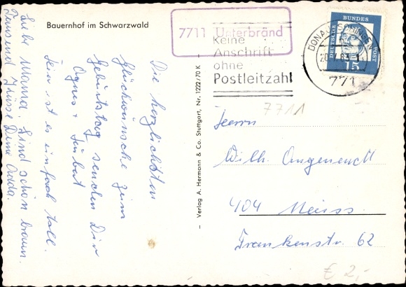 Krajowy stempel pocztowy KP 7711 Unterbränd Bräunlingen w Schwarzwaldzie w Badenii