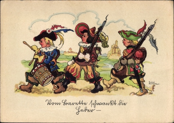 Artist PC Lauterborn, Liesel, the pen sways from berets, boys in uniform, bayonets