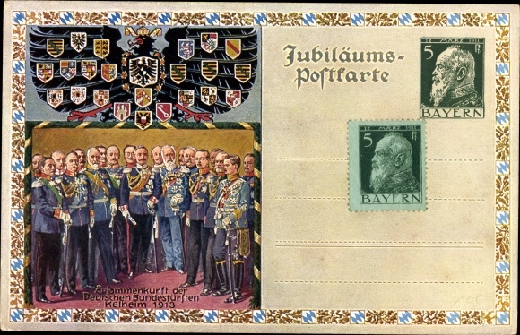 Postal stationery PC Kelheim Donau, wars of liberation, 50th anniversary of the liberation hall in 1913, federal princes