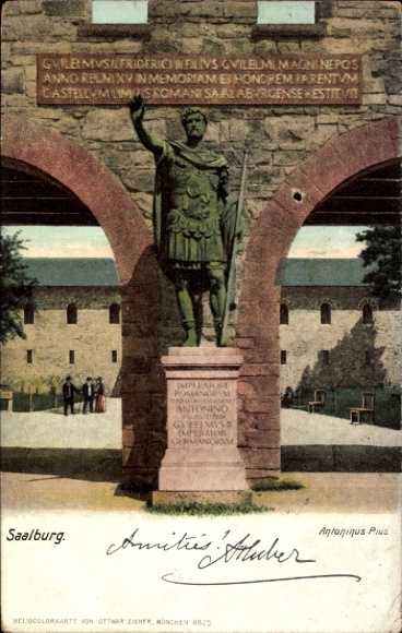 Postcard Saalburg in Thuringia, statue of Antoninus Pius, text in Latin script