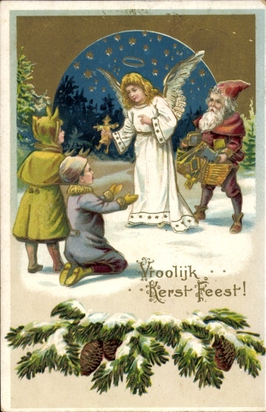 Reliëf Ak Gefeliciteerd Kerstmis, engel, dwerg, kinderen