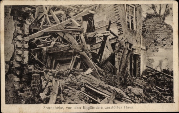 Ak Zonnebeke Zonnebeeke Zonnebecke Westflandern, von den Engländern zerstörtes Haus
