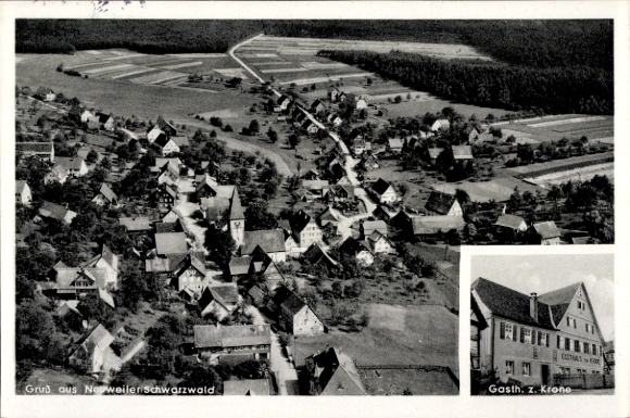 Postcard Aischfeld Dornhan in the Black Forest, Brandeck Castle, aerial view of Neuweiler, houses, guesthouse