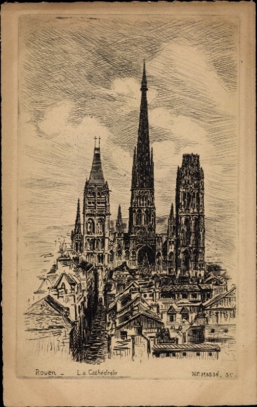 Postcard Rouen Seine Maritime, city view, cathedral of architecture, etching