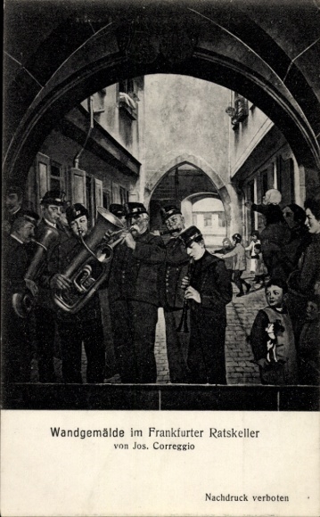 Artist Postcard Correggio, J., Frankfurt am Main, mural in the Frankfurt Ratskeller, musician