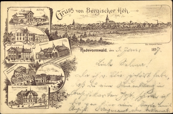 Chromo-Litho Radevormwald Bergisches Land, train station, town hall, Kaiserstrasse, gas works, Lindenbaum school