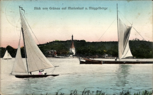 Ak Berlin Köpenick, Marienlust, Müggelberge, Blick von Grünau aus, Segelboote