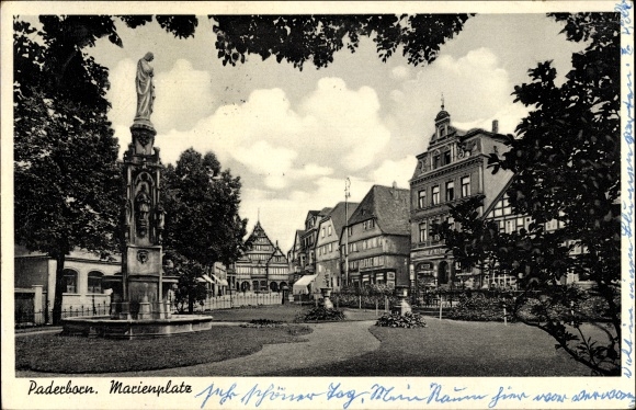 Postcard Paderborn in North Rhine-Westphalia, Marienplatz with monument, business buildings