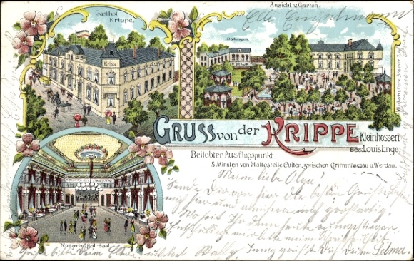 Chromo-Litho Kleinhessen Neukirchen an der Pleiße, Gasthof Krippe, hall, garden
