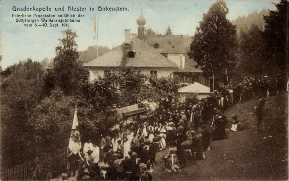 Postcard Birkenstein Fischbachau in Upper Bavaria, Chapel of Grace, Monastery, Procession, Pilgrimage Jubilee