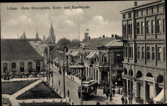 Postcard Liepaja Libau Latvia, Rose Square, Kornstraße, Shopping Street, Tram