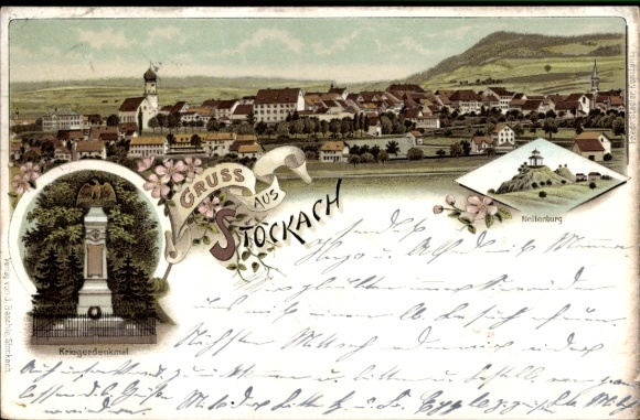 Litho Stockach im Hegau Baden, Gesamtansicht, Kriegerdenkmal, Nellenburg