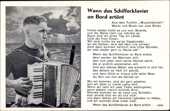 Song Postcard When the ship&#39;s piano sounds on board, sailor with accordion