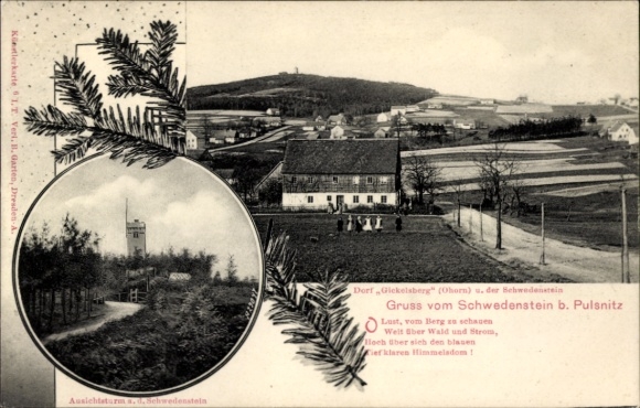 Ak Schwedenstein bij Pulsnitz, groeten uit Schwedenstein, uitzichtpunt, bos en berg, blauwe lucht