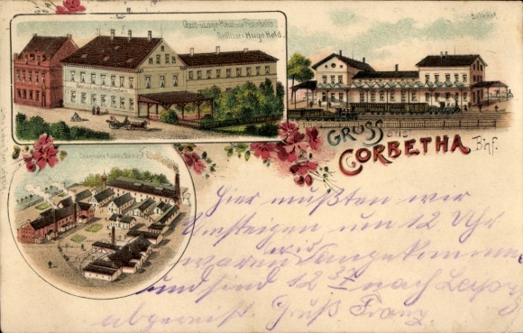 Chromo-Litho Corbetha Korbetha Schkopau in the Saalekreis, train station, Hugo Held Inn, factory