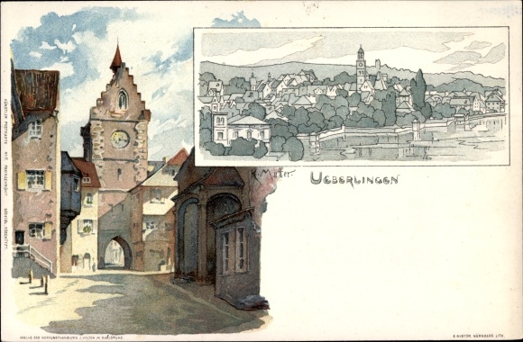 Artist Chromo-Litho Mutter, K., Überlingen am Bodensee, clock tower and gate, street, general view