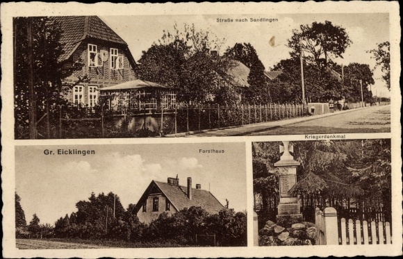 Postcard Groß Eicklingen in Lower Saxony, road to Sandlingen, forester&#39;s lodge, war memorial