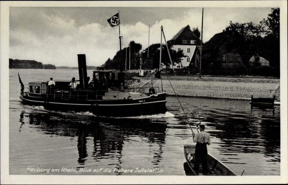 Postcard Neuburg am Rhein, view of the former customs station Neuburgweier, pilot station, boat