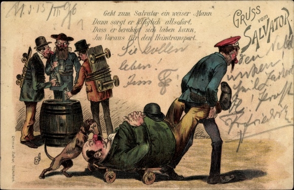Chromo-Litho Greetings from the Salvator, A wise man takes care of transport home even before drinking
