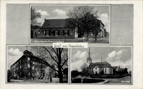 Postcard Frankleben Braunsbedra in Saalekreis, inn, lower farm, church