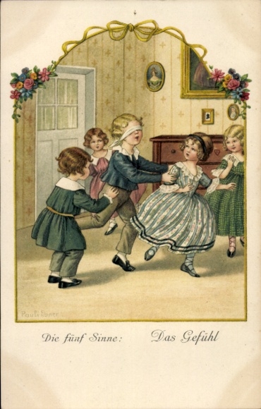 Kunstenaar litho Ebner, Pauli, De vijf zintuigen, Het gevoel, Kinderen, Blind Man's Bluff