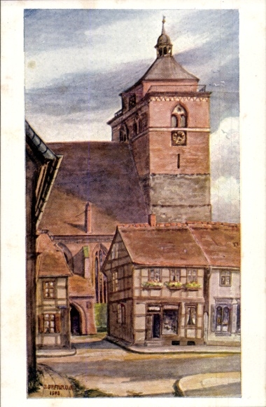 Postcard Osterburg in the Altmark, water tower, houses, street, clouds, watercolor