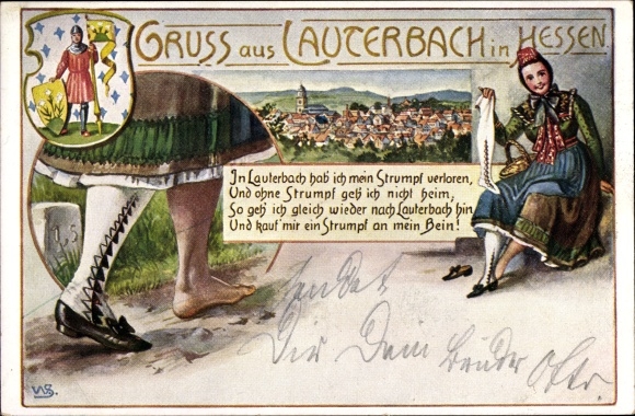 Artist Coat of Arms PC Lauterbach in Hesse, view of the town, woman in costume with a lost stocking