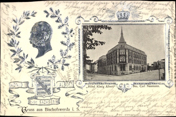 Ak Bischofswerda in Sachsen, Hotel König Albert, Wappen