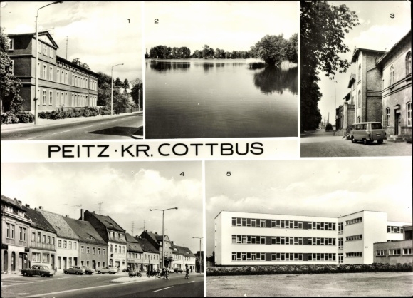 Ansichtkaart Peitz in Brandenburg, Polytechnische Hogeschool 8 mei, vijvergebied, treinstation, hoofdstraat