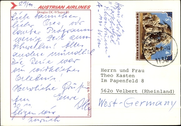 Postcard Austrian passenger plane Austrian Airlines, Douglas DC 9 Super 80