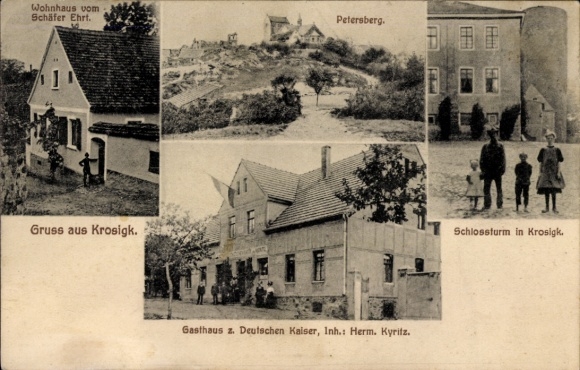 Ak Krosigk Petersberg im Saalekreis, Wohnhaus Schäfer Ehrt,Gasthaus z. Deutschen Kaiser, Schlossturm