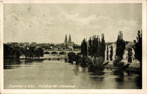 Postcard Frankfurt an der Oder, view of the Lion Island, river view, cityscape, architecture